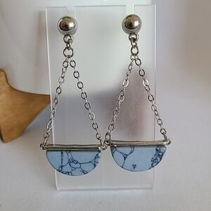Dangle Drop Earrings Silver Chain Blue Stone Semi‎ Circle Trendy Earrings